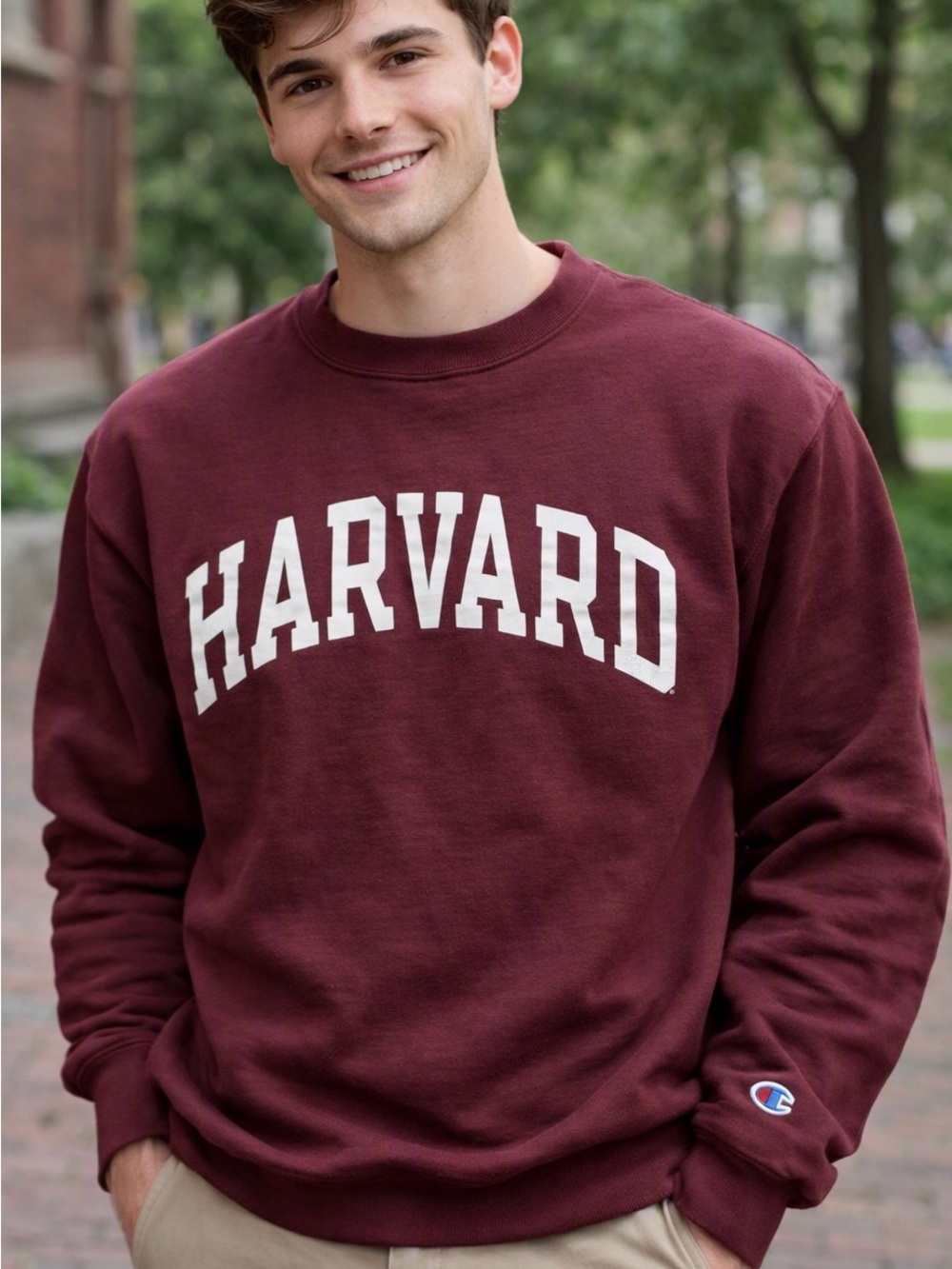 HARVARD Champion Sweatshirt Mens Medium M Maroon Burgundy Crewneck White Logo